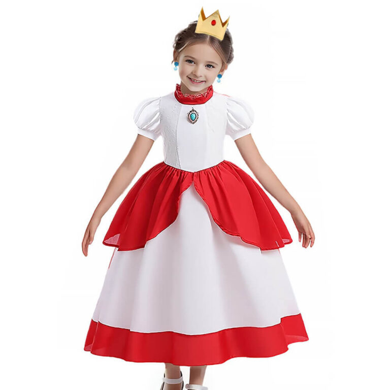 Princess Peach Dress Girls Ball Gown Party Costume With Crown Puff Sleeve Fancy Dresses NalaGila