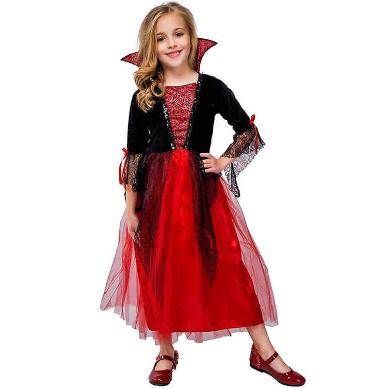 Girls Vampire Costume Red Black Dress Halloween Masquerade Party Scary ...